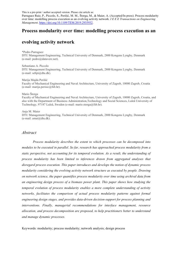 Første side: Process modularity over time: modelling process execution as an evolving activity network