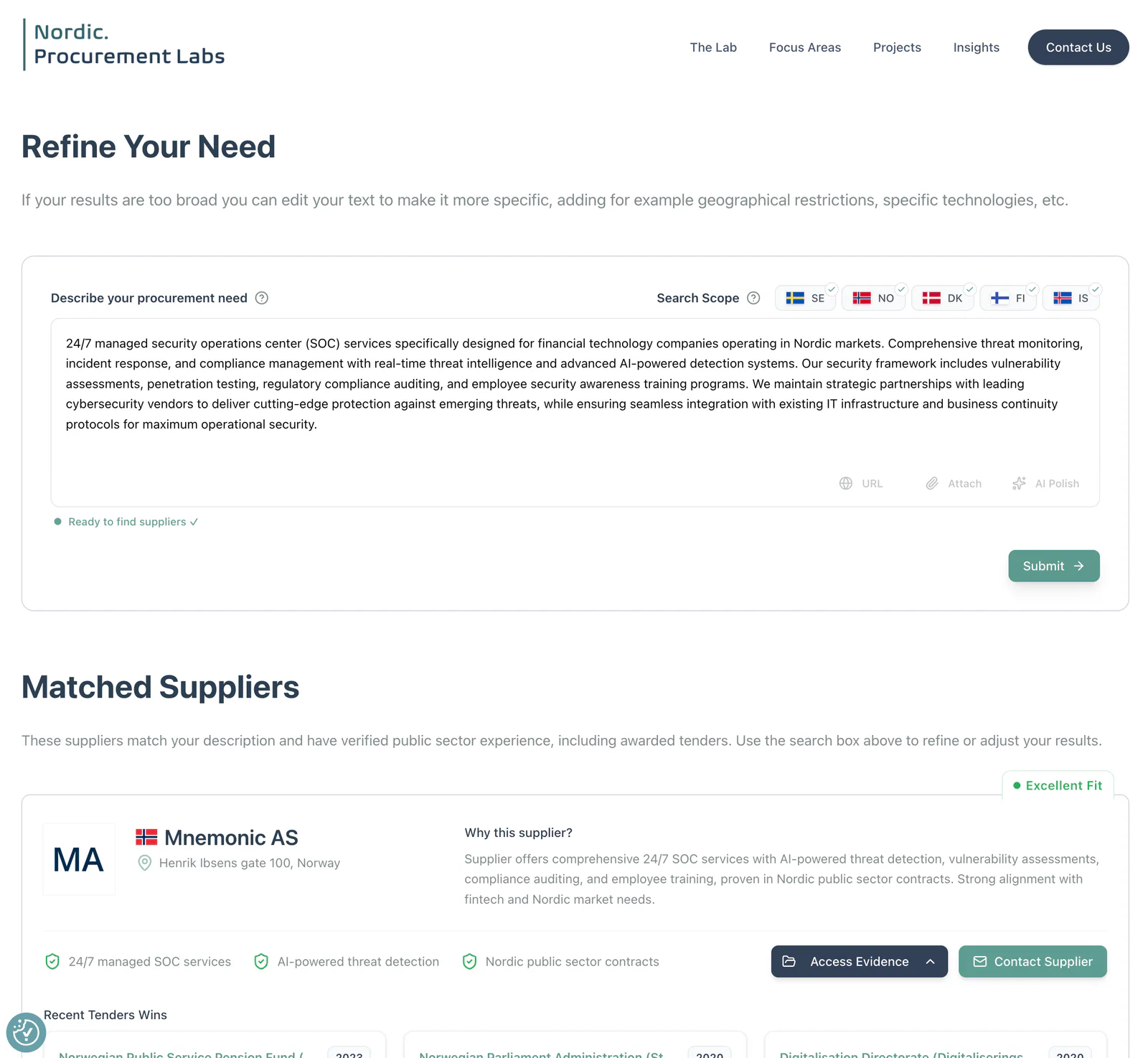 Nordic Supplier Discovery Tool – offentligt billede af brugerfladen fra Dataverz.