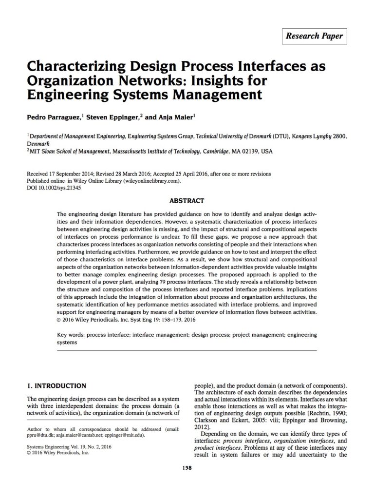 Systems Engineering Process Interfaces Characterizing Design Process Interfaces as Organization Networks ...